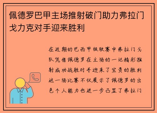 佩德罗巴甲主场推射破门助力弗拉门戈力克对手迎来胜利